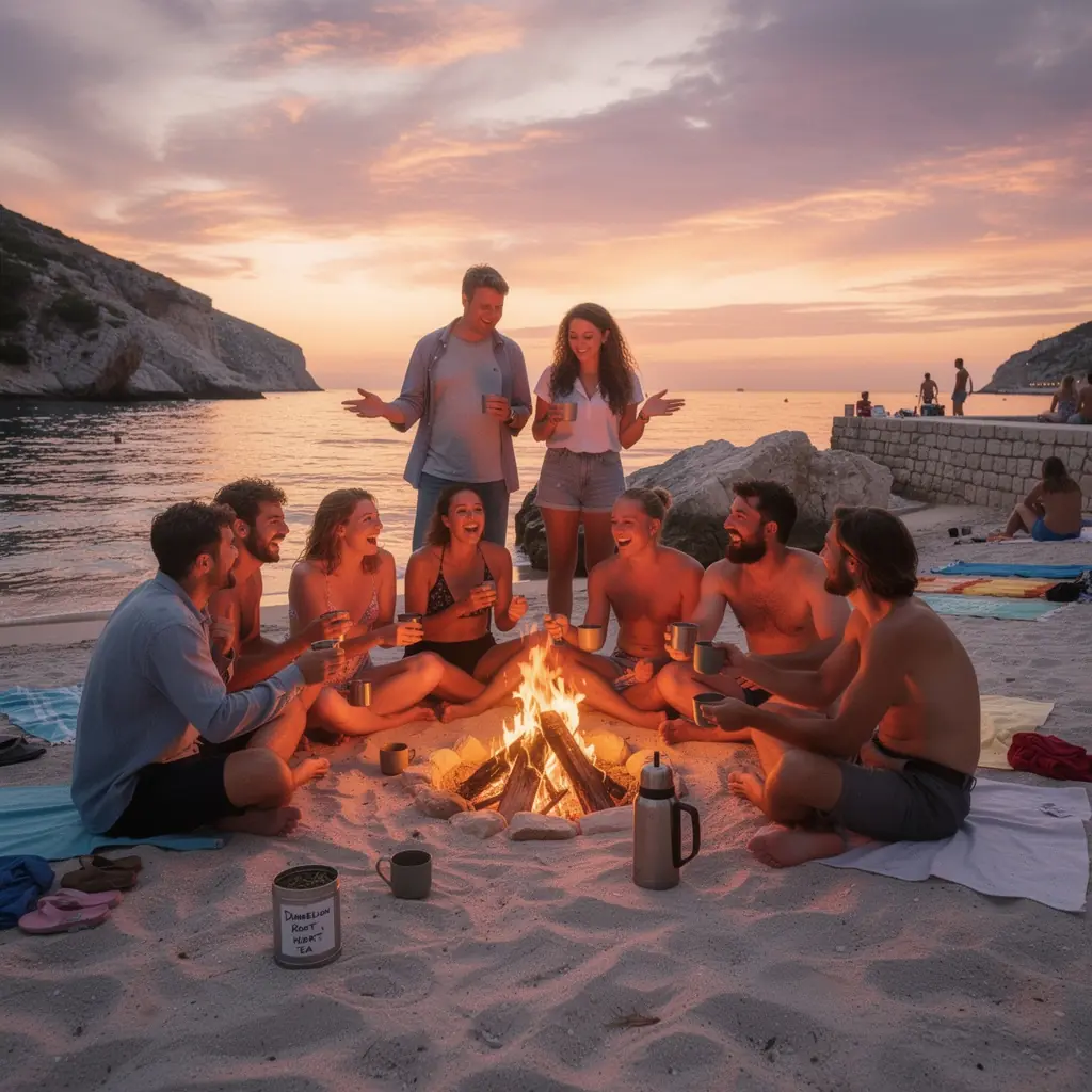 Čaj od korijena maslačka u šalici s listovima maslačka u pozadini