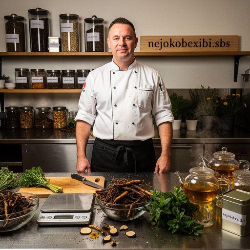 Čaj od korijena maslačka u šarolikoj šalici s biljkama u pozadini.